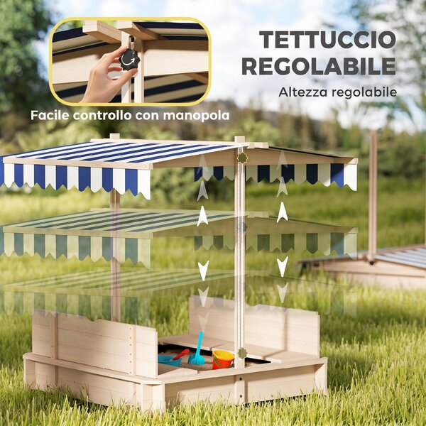 Outsunny Sabbiera per Bambini in Legno con Tettuccio Parasole, Panca e Coperchio, 106x106x121cm Bianco e Blu