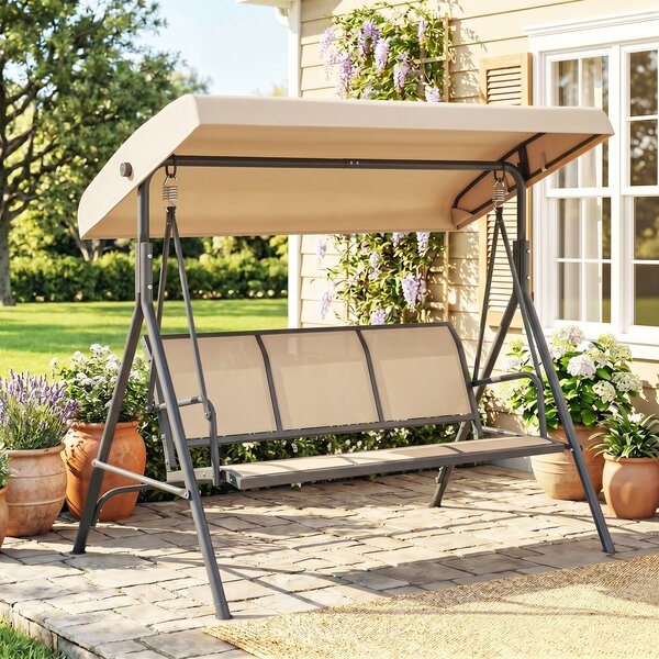 Outsunny Dondolo da Giardino a 3 Posti con Tettuccio, Seduta Traspirante e Telaio in Acciaio, Beige | Aosom Italy