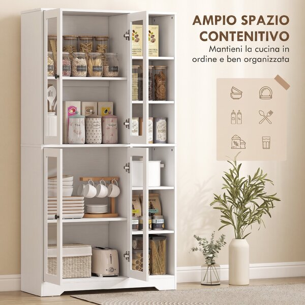 HOMCOM Credenza Cucina Alta, Mobile Dispensa con 4 Ante in Vetro Soft-Close, 6 Ripiani Aperti, Ripiani Regolabili Bianco | Aosom Italy