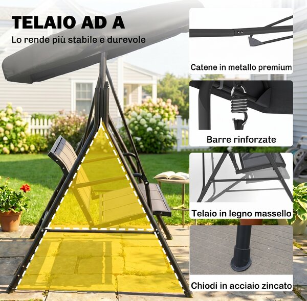 Outsunny Dondolo da Giardino a 3 Posti con Tettuccio, Seduta Traspirante e Telaio in Acciaio, Nero | Aosom Italy