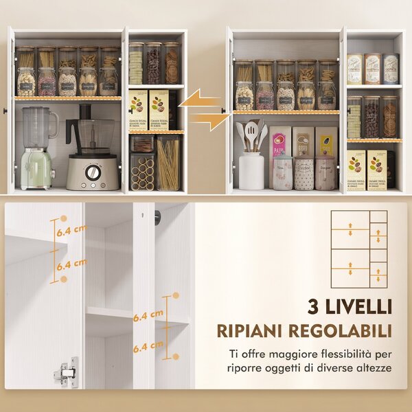 HOMCOM Credenza Cucina Alta, Mobile Dispensa con 4 Ante in Vetro Soft-Close, 6 Ripiani Aperti, Ripiani Regolabili Bianco | Aosom Italy