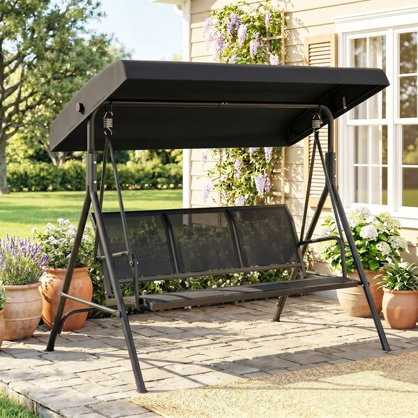 Outsunny Dondolo da Giardino a 3 Posti con Tettuccio, Seduta Traspirante e Telaio in Acciaio, Nero | Aosom Italy