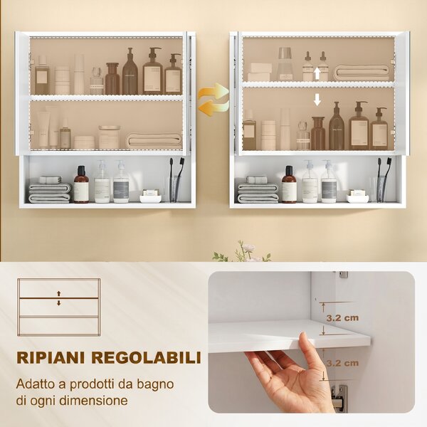 HOMCOM Armadietto Bagno da Parete con Ante Specchiate, Ripiano Regolabile e Mobiletto Ante Soft-close, Bianco | Aosom Italy