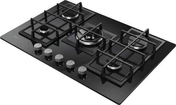 Hoover Piano Cottura 5 Fuochi a Gas 75 cm (1 Bruciatore Doppia Corona) in Vetro colore Nero - HVG74WC3B H-HOB 300