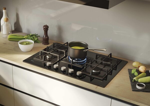 Hoover Piano Cottura 5 Fuochi a Gas 75 cm (1 Bruciatore Doppia Corona) in Vetro colore Nero - HVG74WC3B H-HOB 300