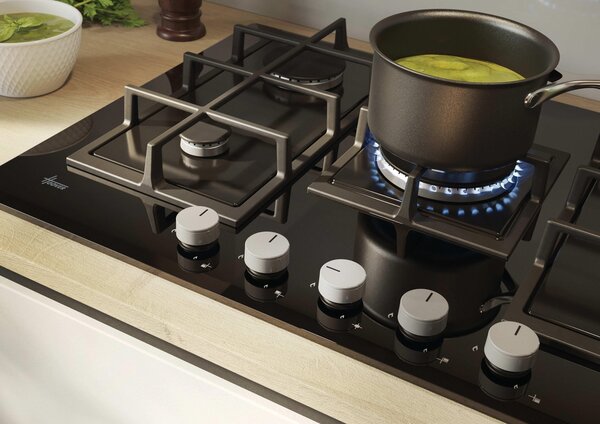 Hoover Piano Cottura 5 Fuochi a Gas 75 cm (1 Bruciatore Doppia Corona) in Vetro colore Nero - HVG74WC3B H-HOB 300