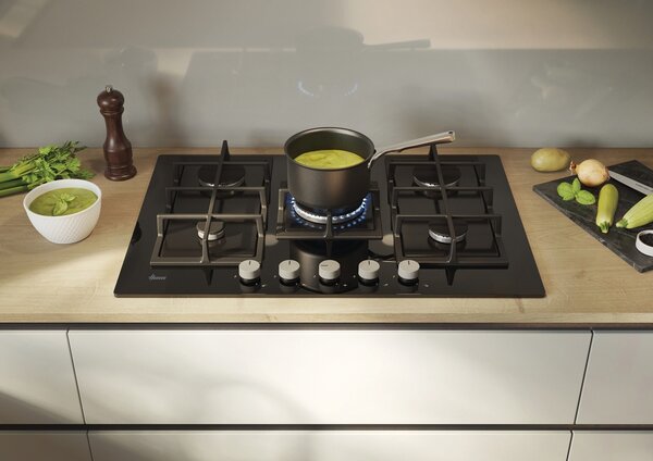 Hoover Piano Cottura 5 Fuochi a Gas 75 cm (1 Bruciatore Doppia Corona) in Vetro colore Nero - HVG74WC3B H-HOB 300