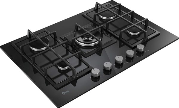 Hoover Piano Cottura 5 Fuochi a Gas 75 cm (1 Bruciatore Doppia Corona) in Vetro colore Nero - HVG74WC3B H-HOB 300