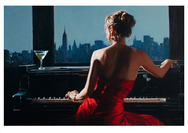 Quadro su tela – Donna al pianoforte con vista