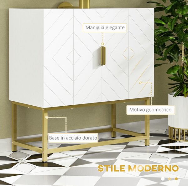 Kleankin Mobile Bagno Sottolavabo in Legno e Acciaio con Armadietto 2 Ante Spazioso 60x30x65cm Elegante Bianco e Oro per Arredo Bagno Moderno|Aosom