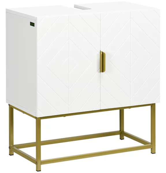 Kleankin Mobile Bagno Sottolavabo in Legno e Acciaio con Armadietto 2 Ante Spazioso 60x30x65cm Elegante Bianco e Oro per Arredo Bagno Moderno|Aosom