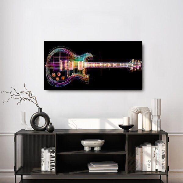 Quadro su tela – Chitarra neon su sfondo nero