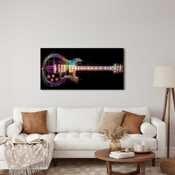 Quadro su tela – Chitarra neon su sfondo nero