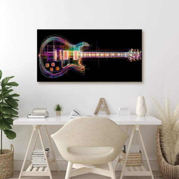 Quadro su tela – Chitarra neon su sfondo nero