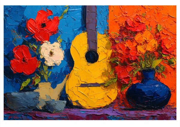 Quadro su tela – Chitarra e vaso di fiori