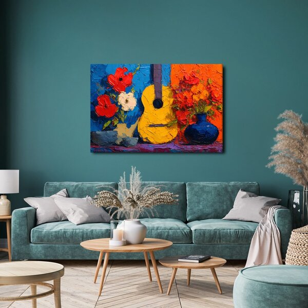 Quadro su tela – Chitarra e vaso di fiori
