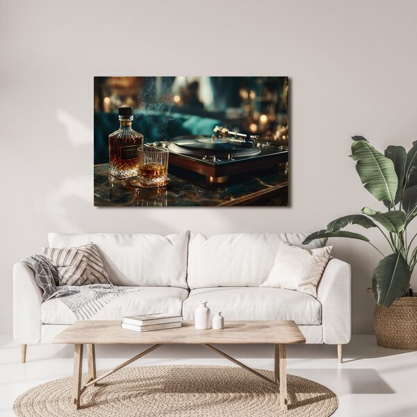 Quadro su tela – Grammofono e bicchiere di whisky