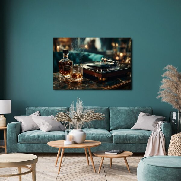 Quadro su tela – Grammofono e bicchiere di whisky
