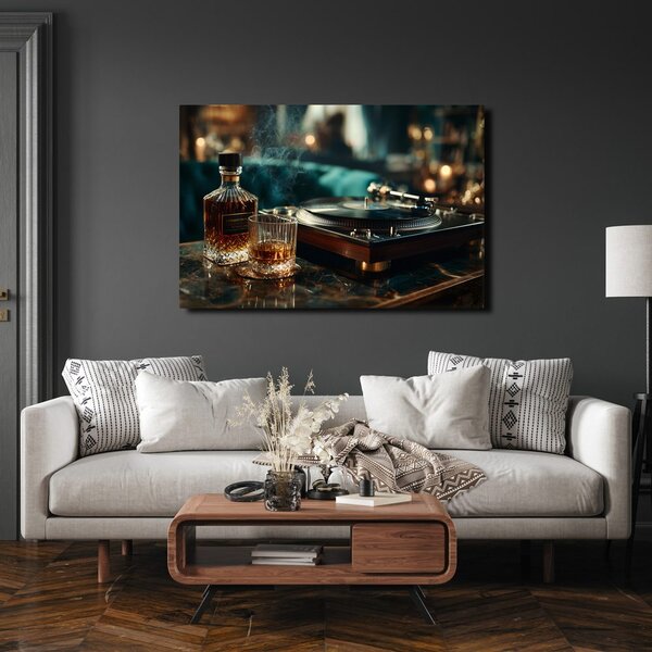 Quadro su tela – Grammofono e bicchiere di whisky