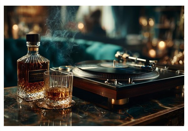 Quadro su tela – Grammofono e bicchiere di whisky