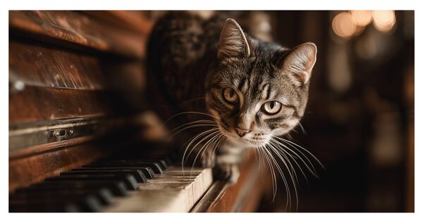 Quadro su tela – Gatto curioso sul pianoforte
