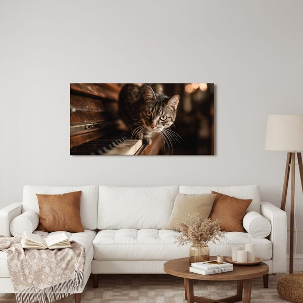 Quadro su tela – Gatto curioso sul pianoforte