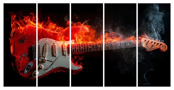 Quadri 5 pezzi – Chitarra infuocata tra le fiamme