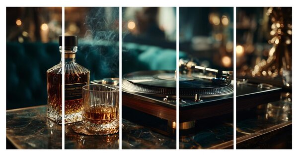 Quadri 5 pezzi – Eleganza del whisky e del grammofono