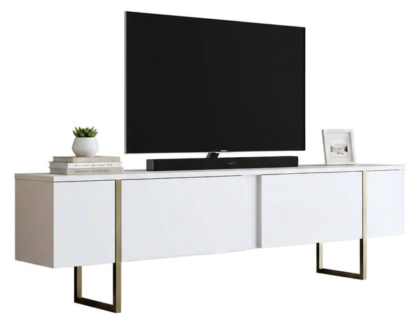 Mobile TV 180x30x50h cm Bianco e Oro con 2 Ante e Ripiano, Mobile Basso Salvaspazio in Legno e Metallo per Soggiorno Moderno – Abishia
