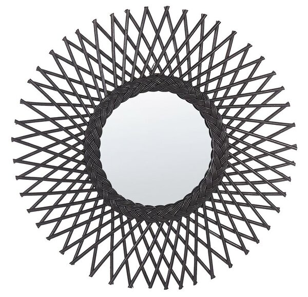 Specchio da parete rotondo moderno con cornice in rattan ø 60 cm nero Beliani