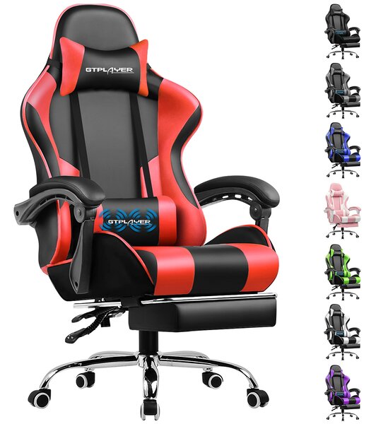Sedia da gioco GTPLAYER, sedia da ufficio ergonomica con funzione massaggio e poggiapiedi, maniglia di collegamento, base in acciaio, rosso