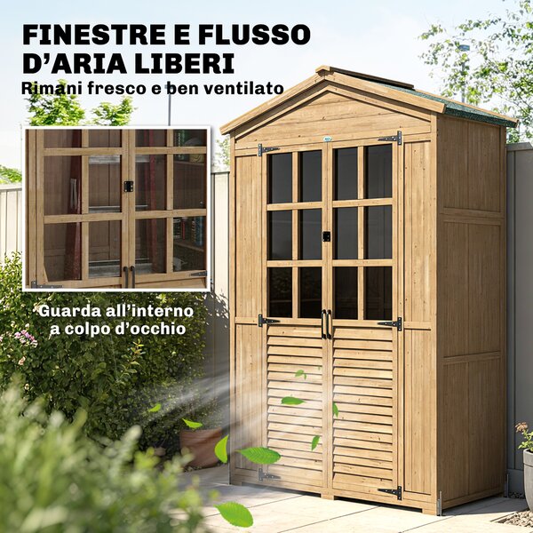 Outsunny Armadio da Giardino in Legno con Finestre Trasparenti, 128x57.5x197 cm, Marrone Chiaro | Aosom Italy
