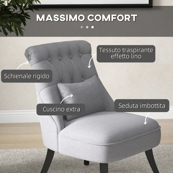 HOMCOM Poltroncina da Salotto in Tessuto Effetto Lino con Gambe in Legno, Stile Vintage, con Cuscino, Grigio|Aosom