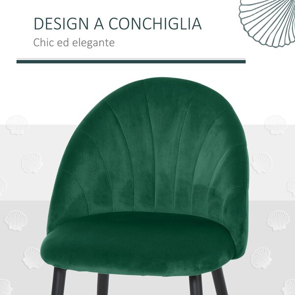 HOMCOM Set di 2 Sedie da Pranzo Imbottite con Schienale a Conchiglia in Velluto, Gambe in Metallo, Sedie da Cucina, 52x54x79 cm, Verde | Aosom Italy
