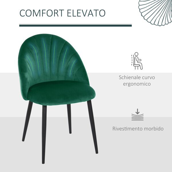 HOMCOM Set di 2 Sedie da Pranzo Imbottite con Schienale a Conchiglia in Velluto, Gambe in Metallo, Sedie da Cucina, 52x54x79 cm, Verde | Aosom Italy