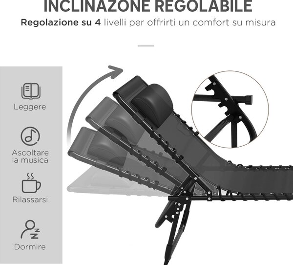 Outsunny Set 2 Lettini Prendisole in Acciaio con Schienale Reclinabile, 189x58x30 cm, Nero | Aosom Italy