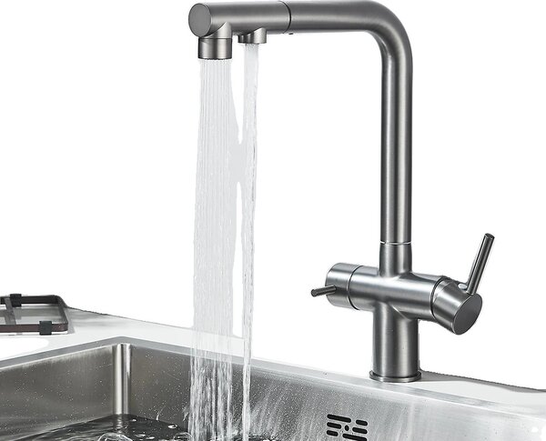 Miscelatore da cucina a due maniglie, acqua fredda e calda, bocca estraibile per acqua filtrata, grigio