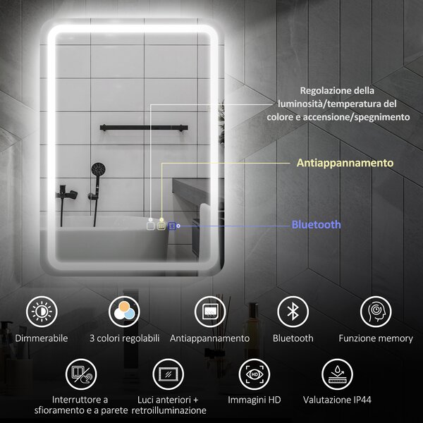 HOMCOM Specchio Bagno LED con Bluetooth, Illuminazione Regolabile e Funzione Memory, in Vetro Temperato, 70x50x3.5 cm | Aosom Italy