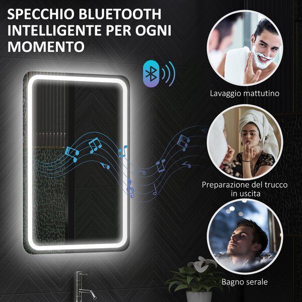 HOMCOM Specchio Bagno LED con Bluetooth, Illuminazione Regolabile e Funzione Memory, in Vetro Temperato, 70x50x3.5 cm | Aosom Italy