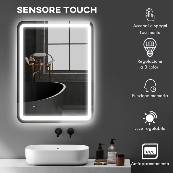 HOMCOM Specchio Bagno LED Touch con Luce Dimmerabile, a 3 Temperature e Antiappannamento, 60x80 cm | Aosom Italy