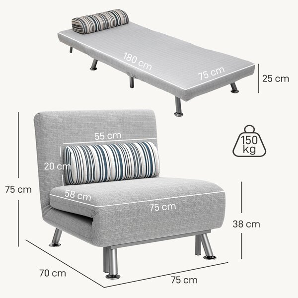 HOMCOM Poltrona Letto Singolo Salvaspazio in Lino Reclinabile in Posizioni Senza Braccioli con Cuscino e Rivestimento Sfoderabile, Grigio|Aosom