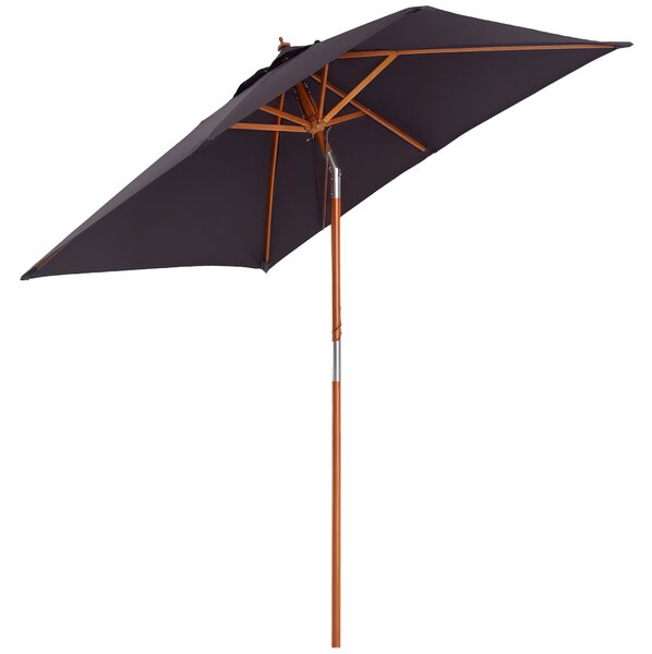 Outsunny Ombrellone da Giardino Inclinabile 2x1.5m, 6 Stecche e Palo in Legno di Abete Apertura a Corda, Grigio Scuro|Aosom
