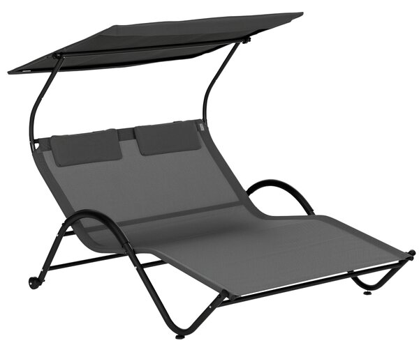 Outsunny Sdraio Giardino 2 Posti Ergonomico con Tettuccio Parasole Anti-Raggi UV, Ruote e Cuscini Poggiatesta, Lettino Prendisole Grigio | Aosom Italy