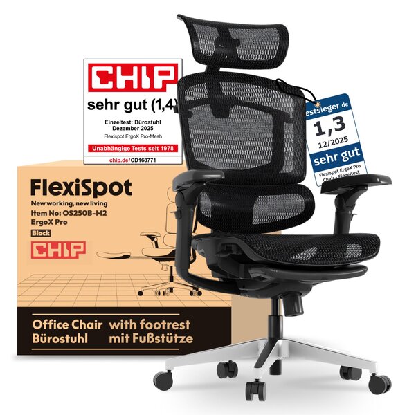 FLEXISPOT ErgoX Pro Sedia da ufficio ergonomica con poggiapiedi regolabile in altezza in 12 posizioni 7D braccioli 5D supporto lombare 4D poggiatesta 250 kg sedile in rete nero