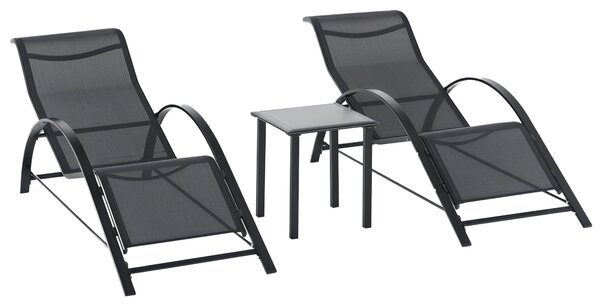Outsunny Set 2 Lettini Prendisole e Tavolino con Ripiano, in Tessuto Traspirante e Metallo, 59x169x66 cm, Nero|Aosom
