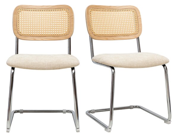 Sedie design in tessuto effetto velluto testurizzato beige, metallo cromato e rattan intrecciato (set di 2) ELECTRA
