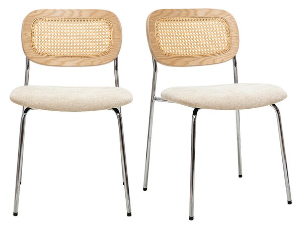 Sedie design in tessuto effetto velluto testurizzato beige, metallo cromato e intreccio in rattan (set di 2) MIRANDA