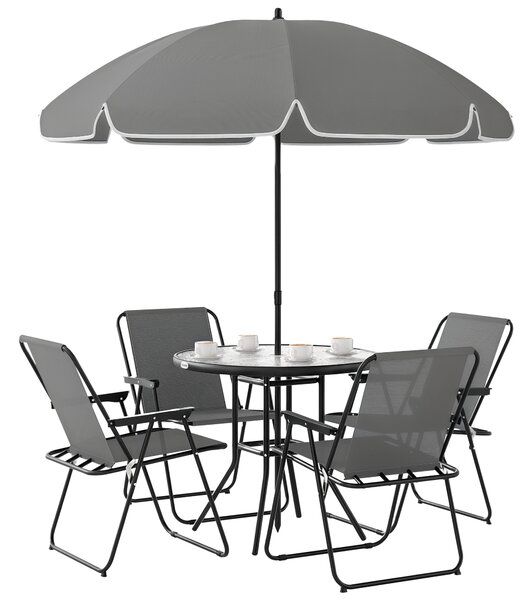 Outsunny Set da Giardino 6 Pezzi in Acciaio con 4 Sedie Pieghevoli, Ombrellone e Tavolo Rotondo, Grigio e Nero