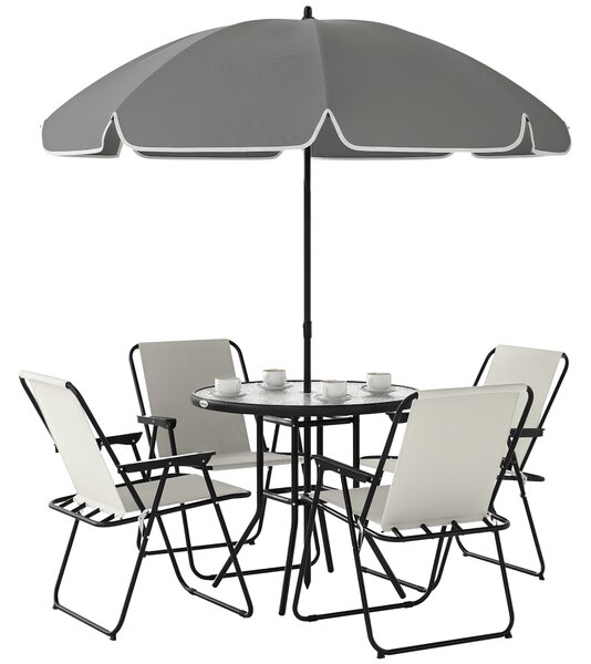 Outsunny Set da Giardino 6 Pezzi in Acciaio con 4 Sedie Pieghevoli, Ombrellone e Tavolo Rotondo, Crema, Grigio e Nero