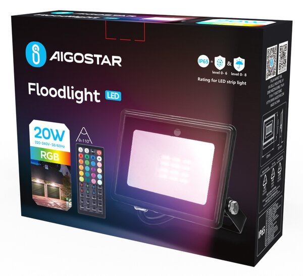 Faro proiettore Led 20W Nero da esterno IP65 RGB luce regolabile e dimmerabile con telecomando Aigostar